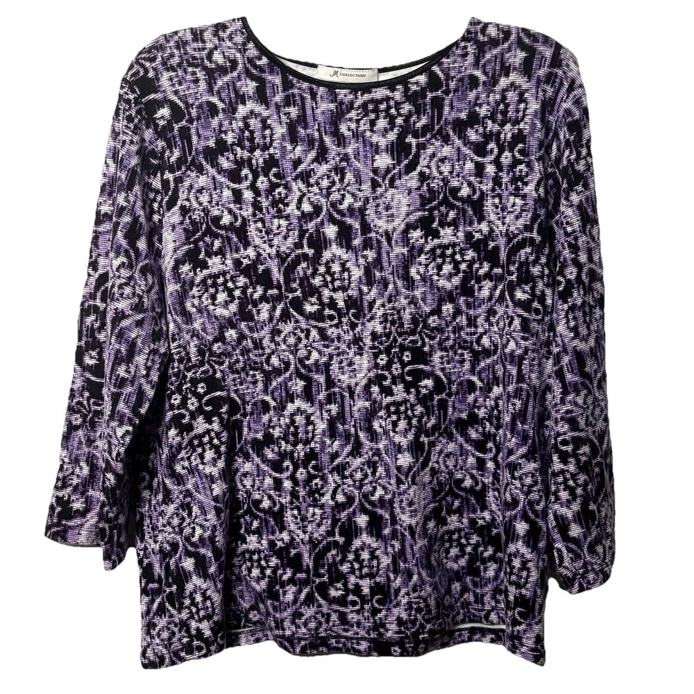 JM Collection Womens Purple Blk XL Top Ribbed Pullover 3/4 Sl Cozy Athleisure